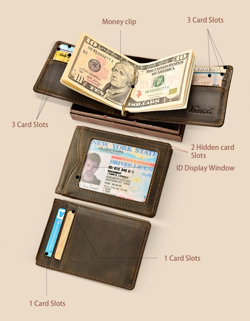 kinzd Slim Wallet with Money Clip RFID Blocking Minimalist Bifold Wallet for Men Genuine Leather Front Pocket Card Holder (AS137 - Crazy Horse Leather Dark Brown) - Image 2
